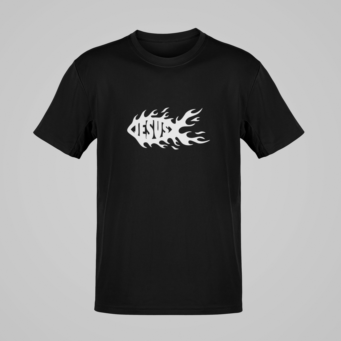 Camiseta Regular - Jesus Peixe 2 - Preta com detalhes brancos