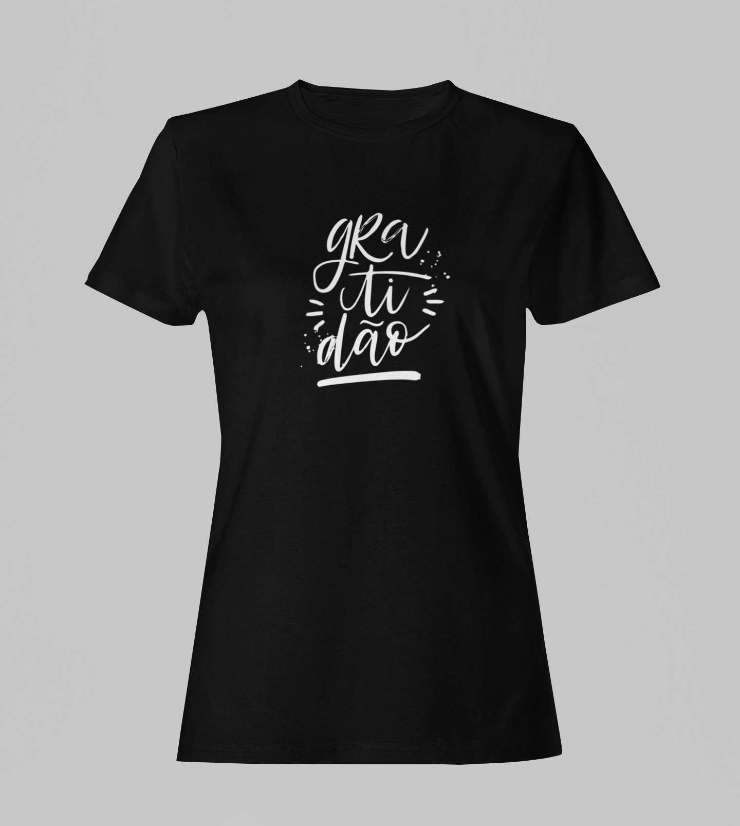 Camiseta Babylook Feminina - Gratidão - Preta com detalhes brancos