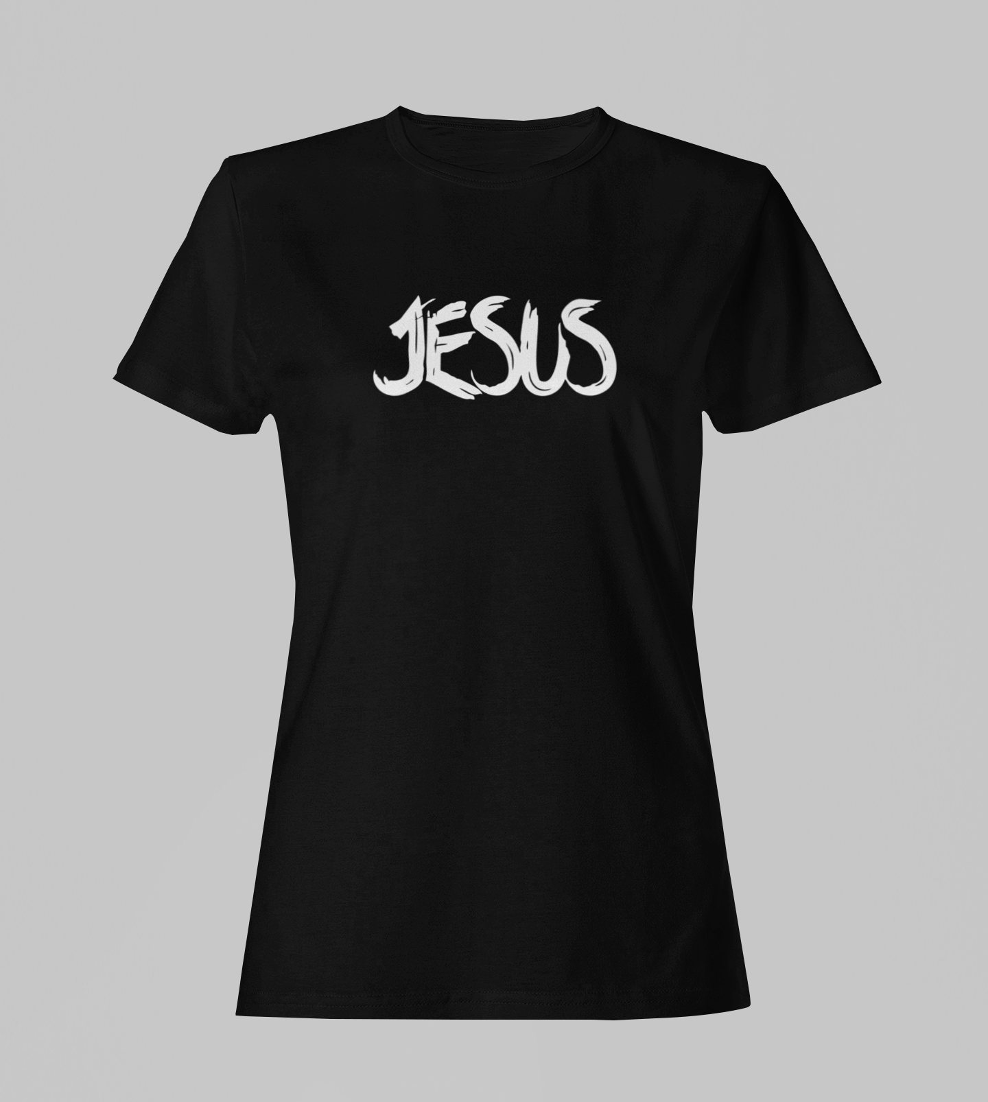 Camiseta Babylook Feminina - Jesus 2 - Preta com detalhes brancos