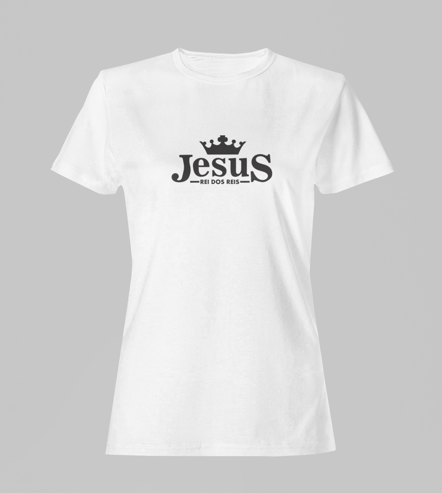 Camiseta Babylook Feminina - Jesus Rei dos Reis - Branca com detalhes pretos