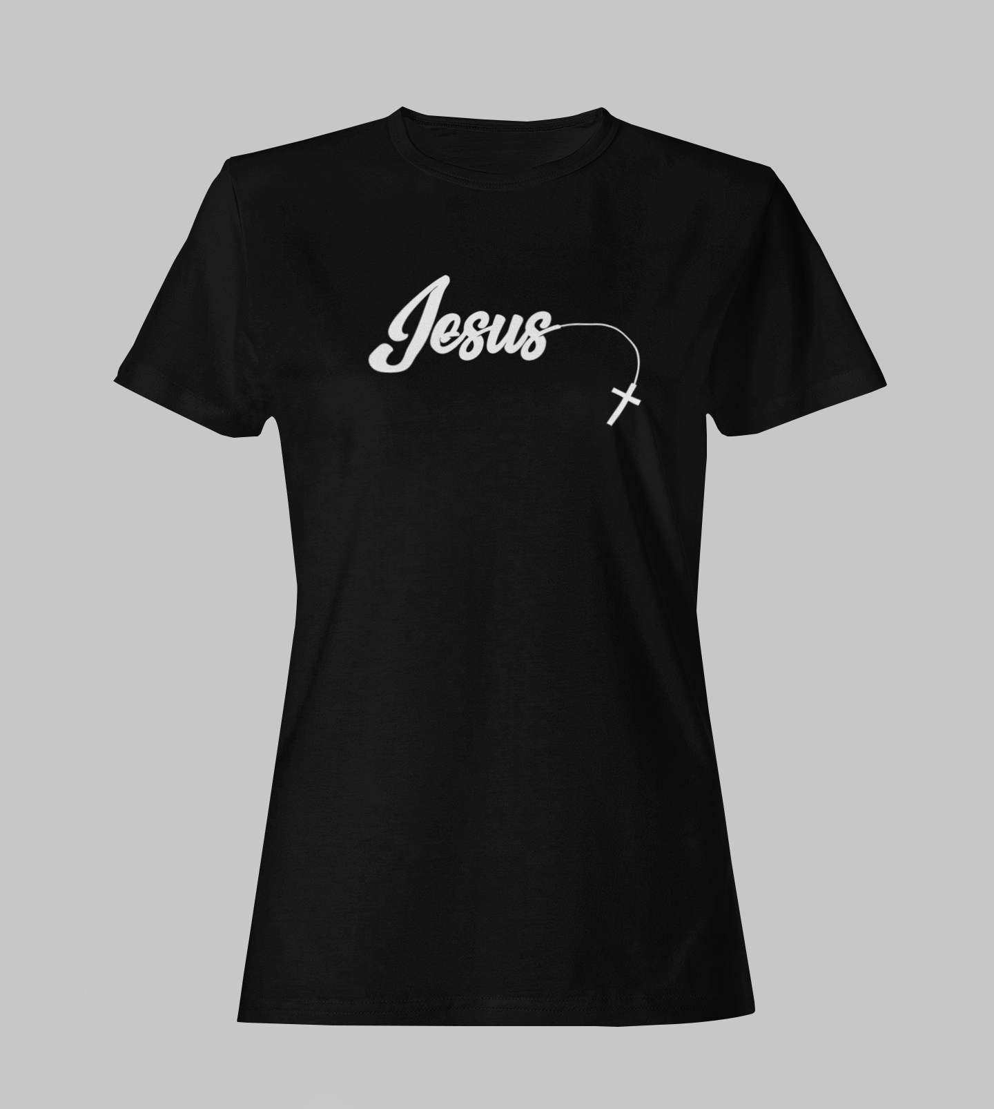 Camiseta Babylook Feminina - Jesus com cruz - Preta com detalhes brancos