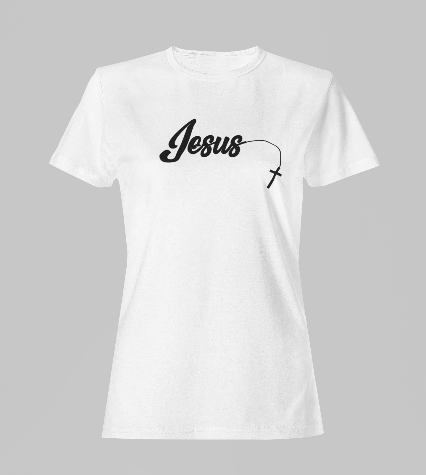 Camiseta Babylook Feminina - Jesus com cruz - Branca com detalhes pretos
