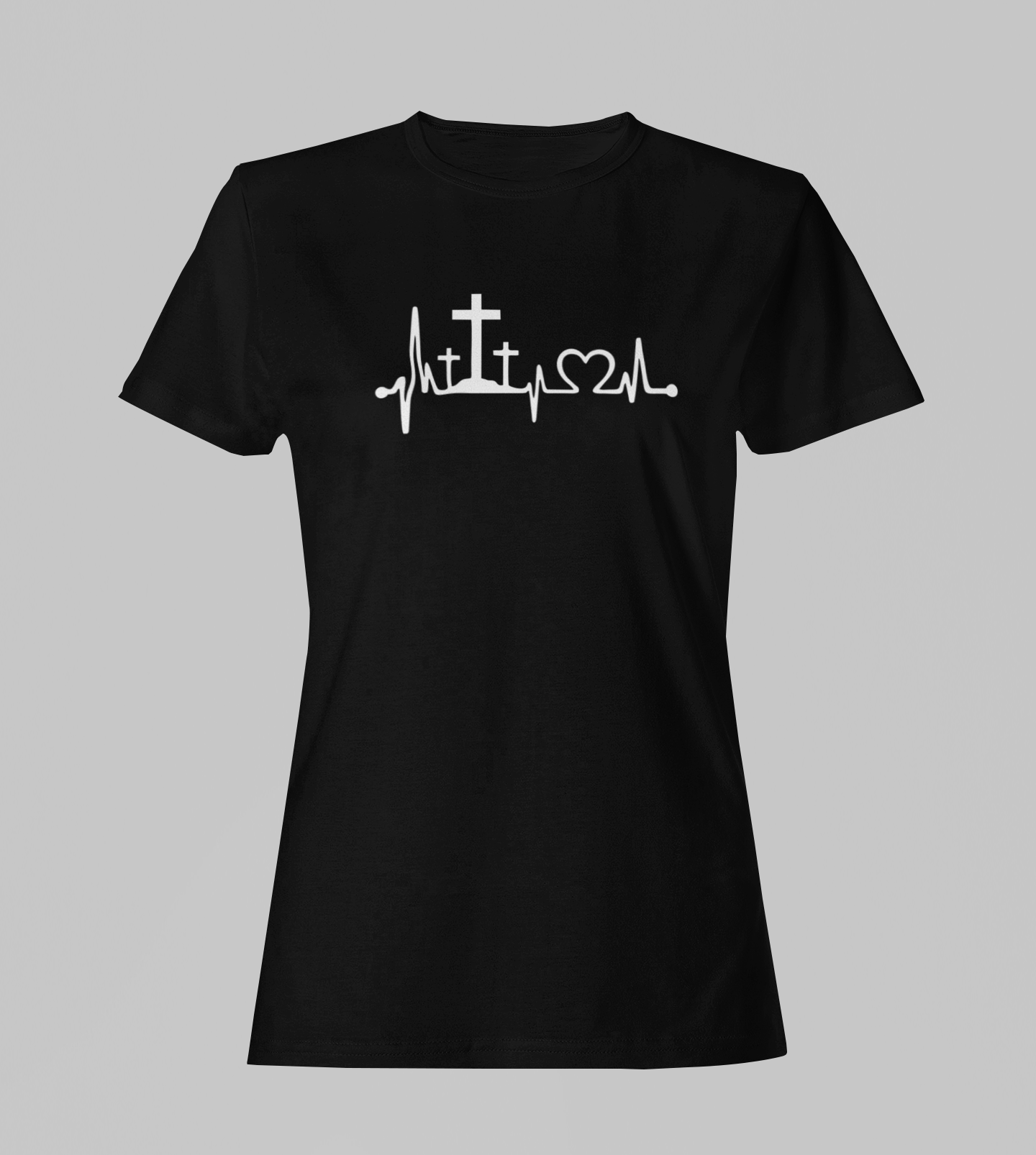 Camiseta Babylook Feminina - Linha Cruz e Coração - Preta com detalhes brancos