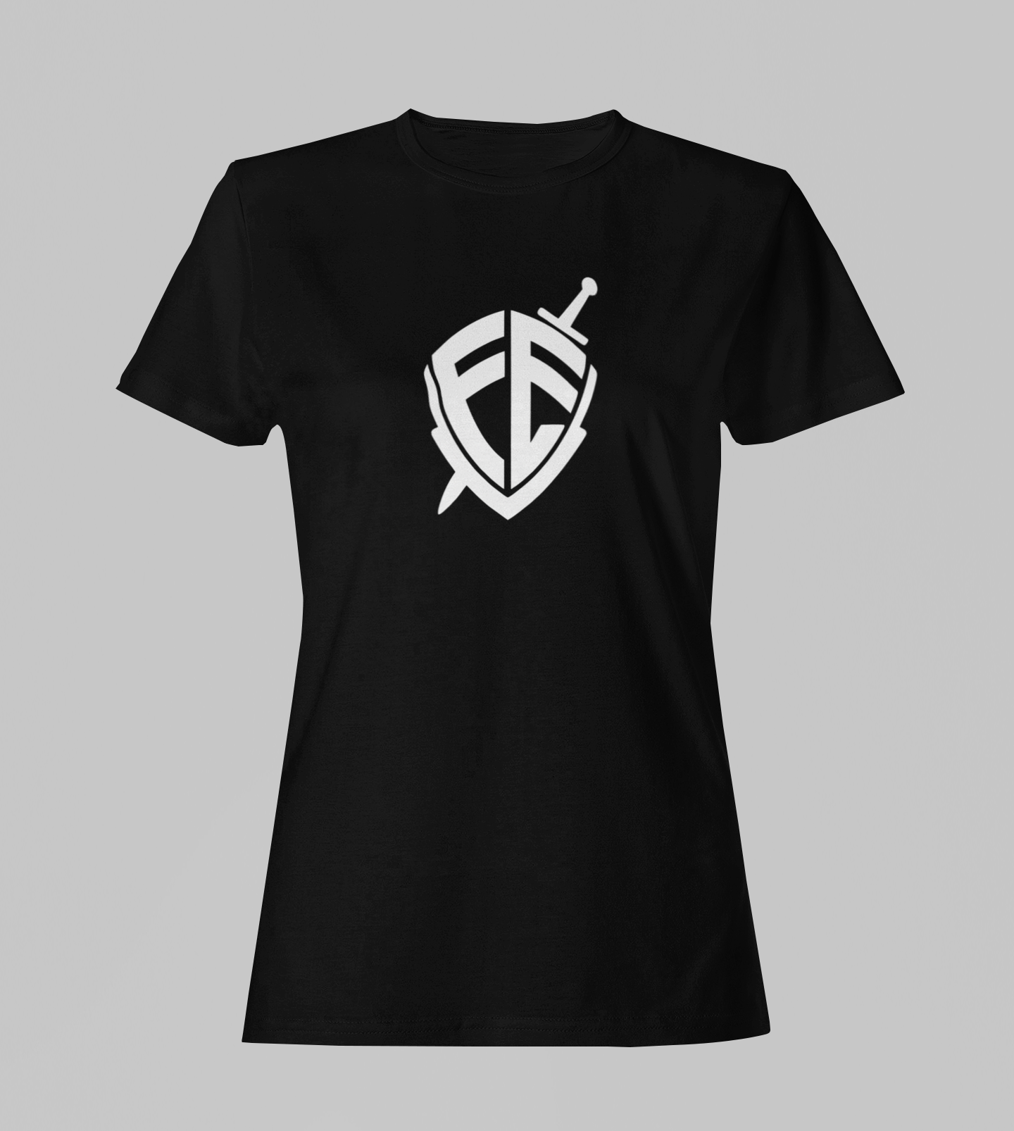 Camiseta Babylook Feminina - Fé Escudo - Preta com detalhes brancos