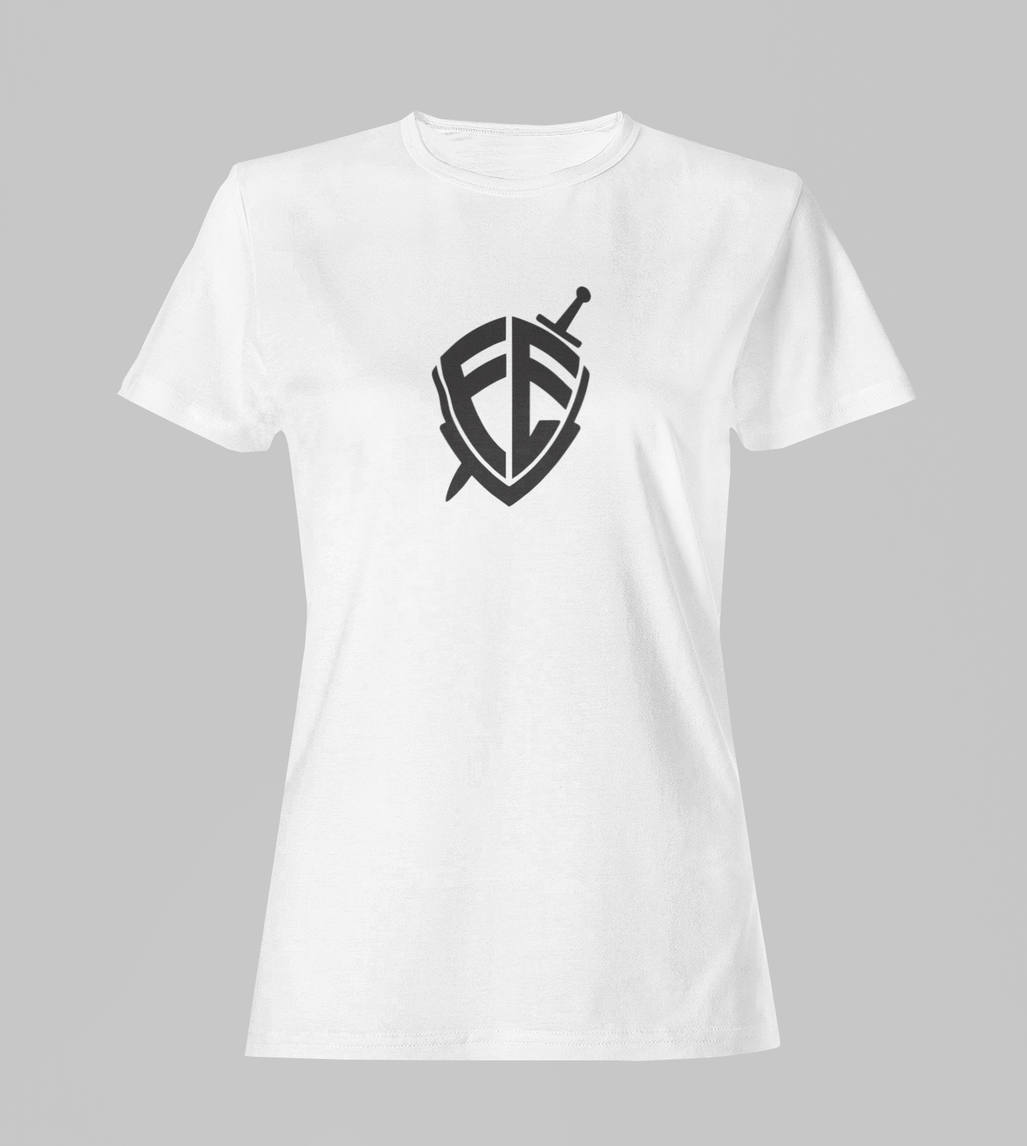 Camiseta Babylook Feminina - Fé Escudo - Branca com detalhes pretos