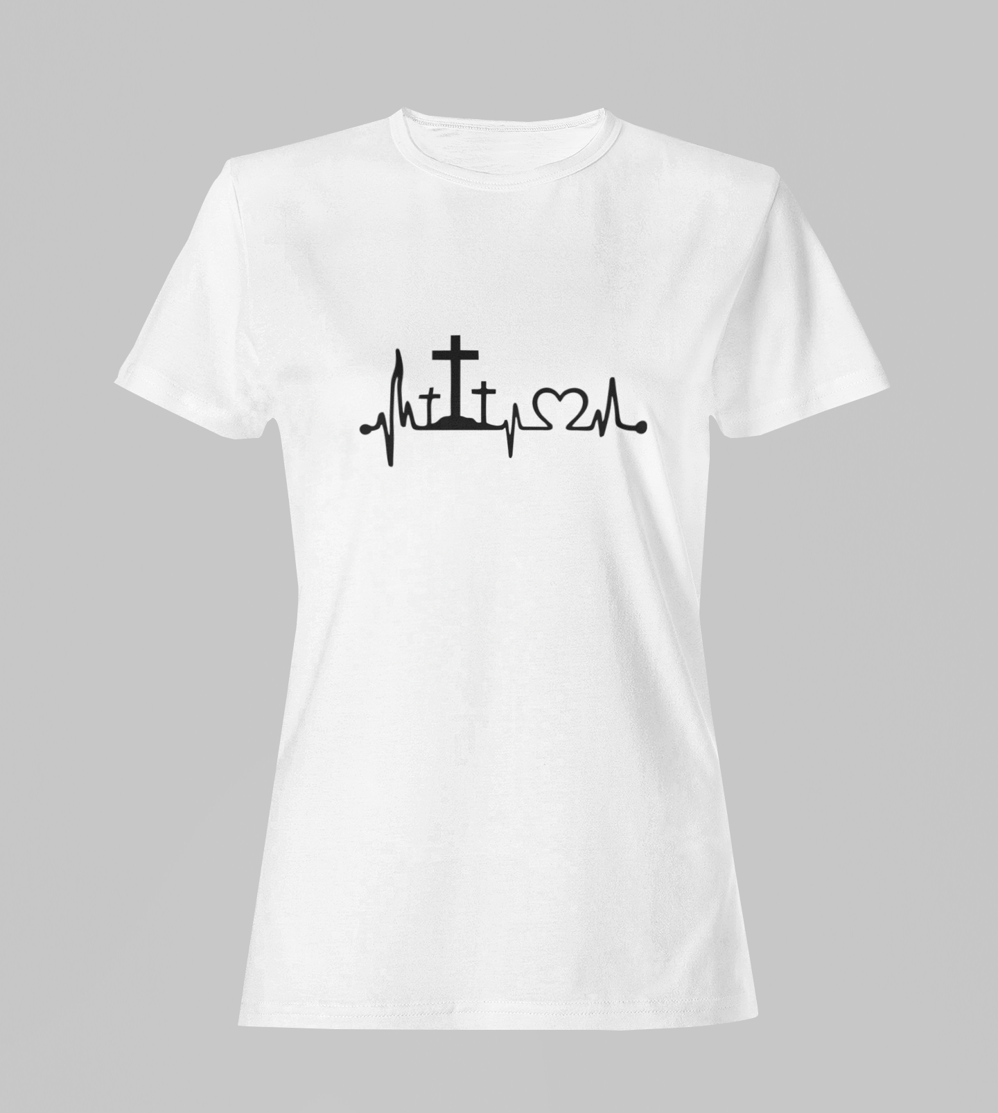 Camiseta Babylook Feminina - Linha Cruz e Coração - Branca com detalhes pretos