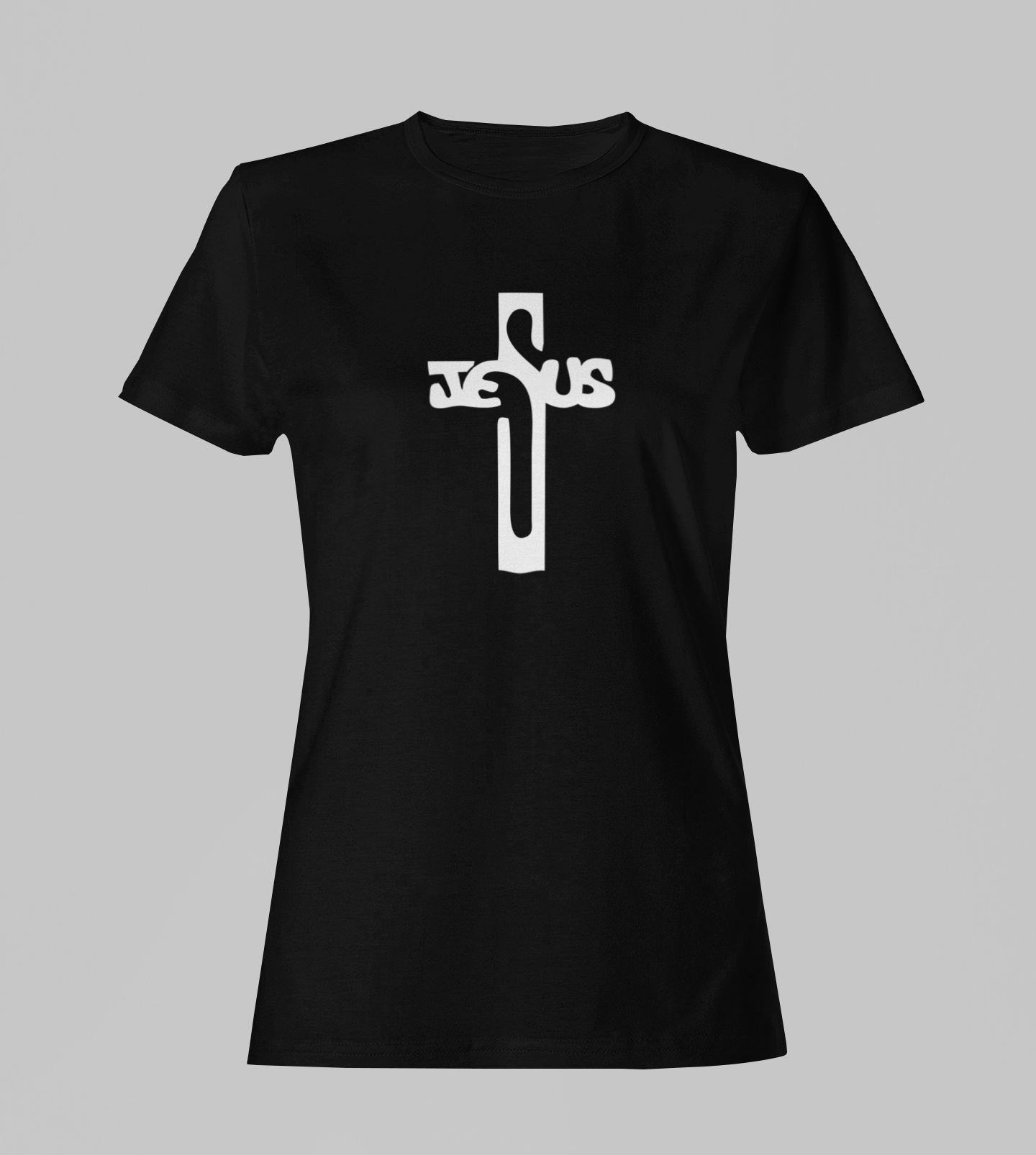 Camiseta Babylook Feminina - Cruz com nome Jesus - Preta com detalhes brancos