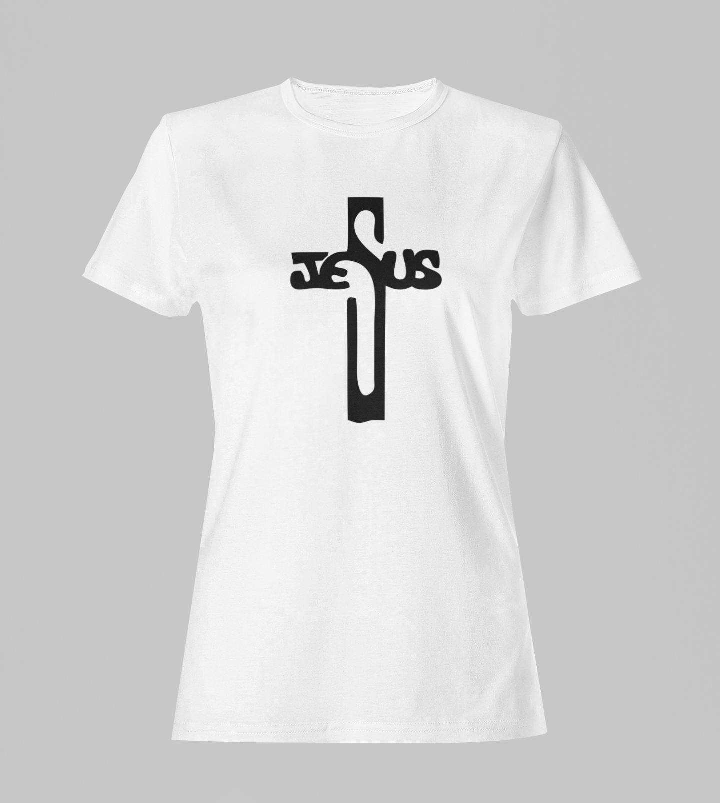 Camiseta Babylook Feminina - Cruz com nome Jesus - Branca com detalhes pretos