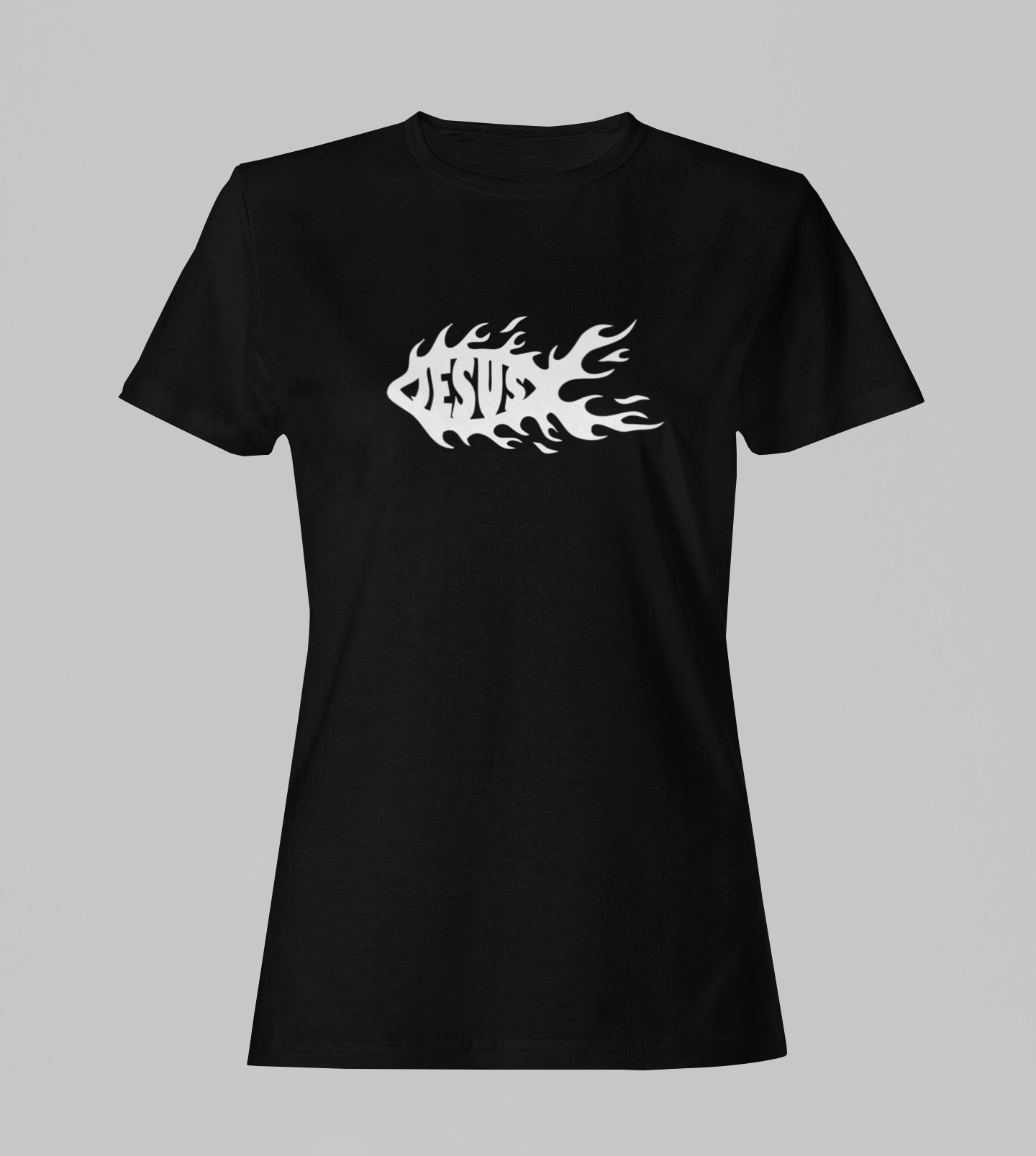 Camiseta Babylook Feminina - Jesus Peixe 2 - Preta com detalhes brancos