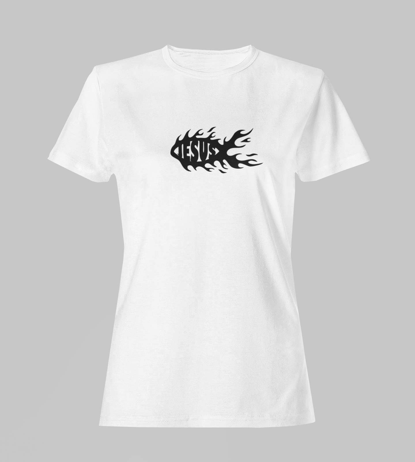 Camiseta Babylook Feminina - Jesus Peixe 2 - Branca com detalhes pretos