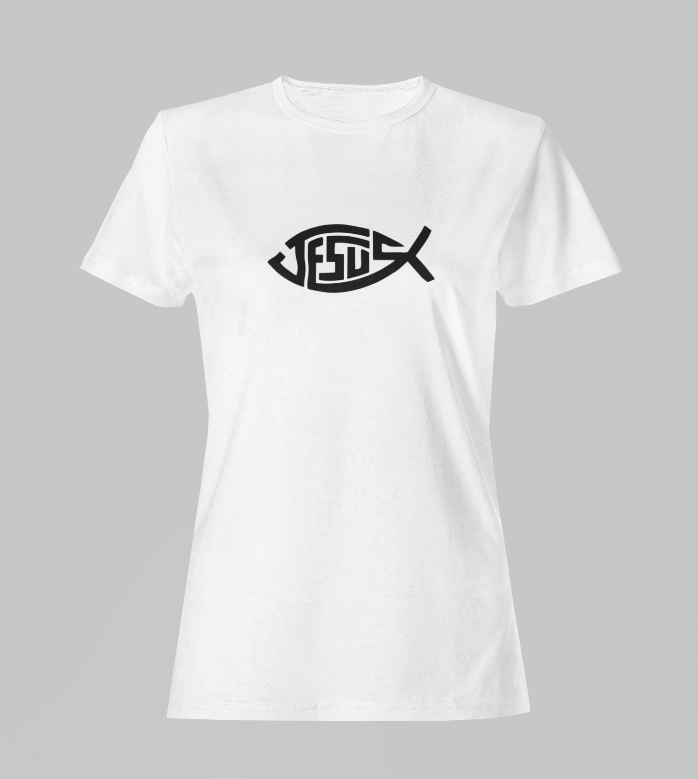 Camiseta Babylook Feminina - Jesus Peixe 1 - Branca com detalhes pretos