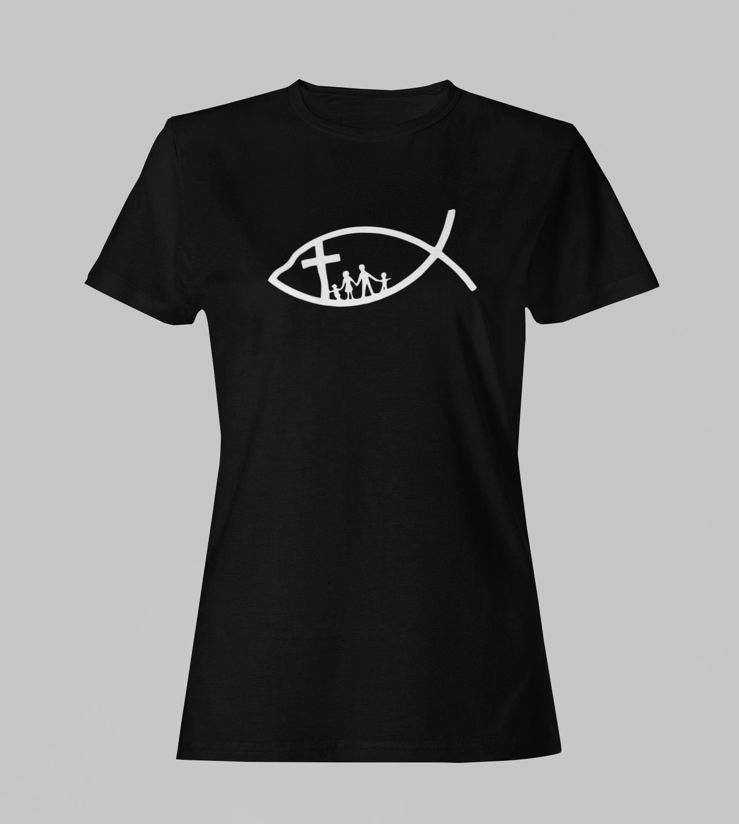 Camiseta Babylook Feminina - Cruz Família - Preta com detalhes brancos