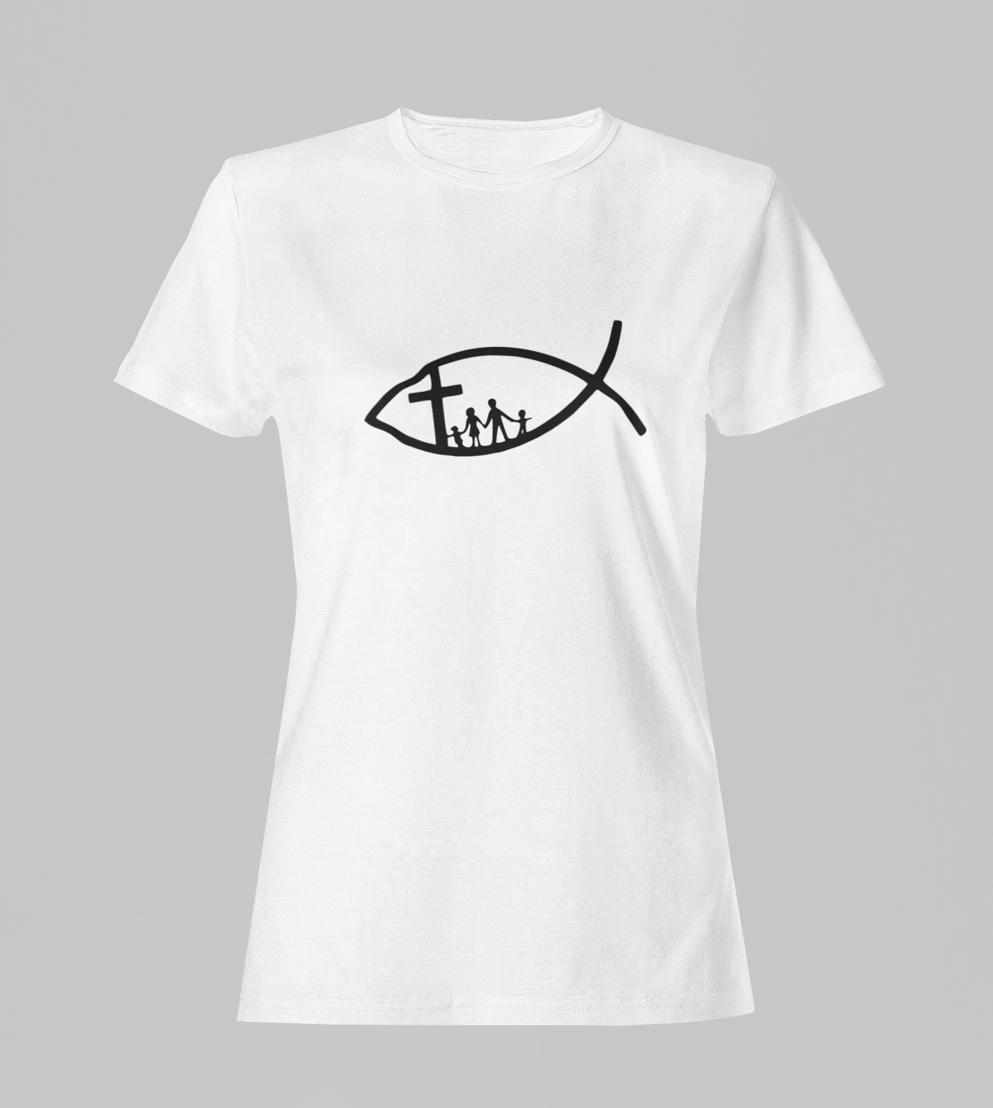 Camiseta Babylook Feminina - Cruz Família - Branca com detalhes pretos