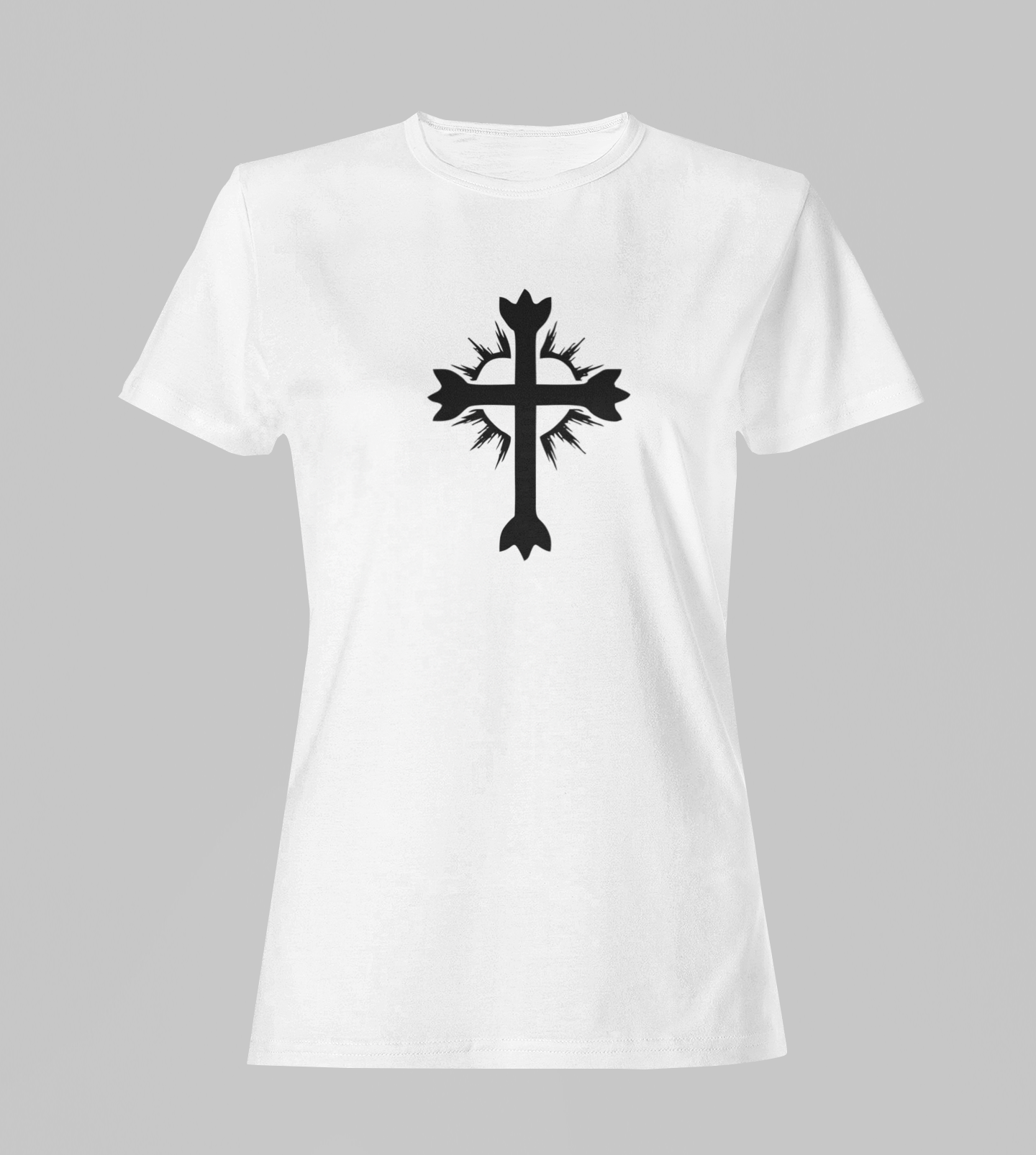 Camiseta Babylook Feminina - Crucifixo e Coração 2 - Branca com detalhes pretos