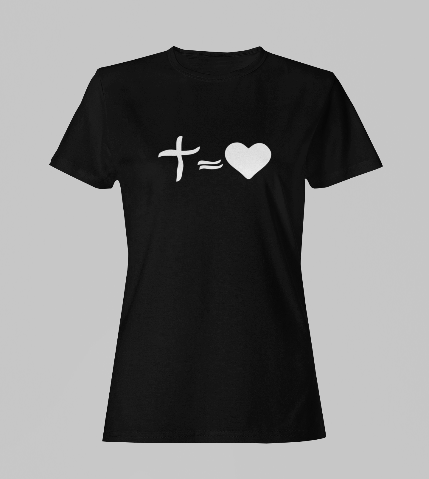 Camiseta Babylook Feminina - Cruz = Coração - Preta com detalhes brancos