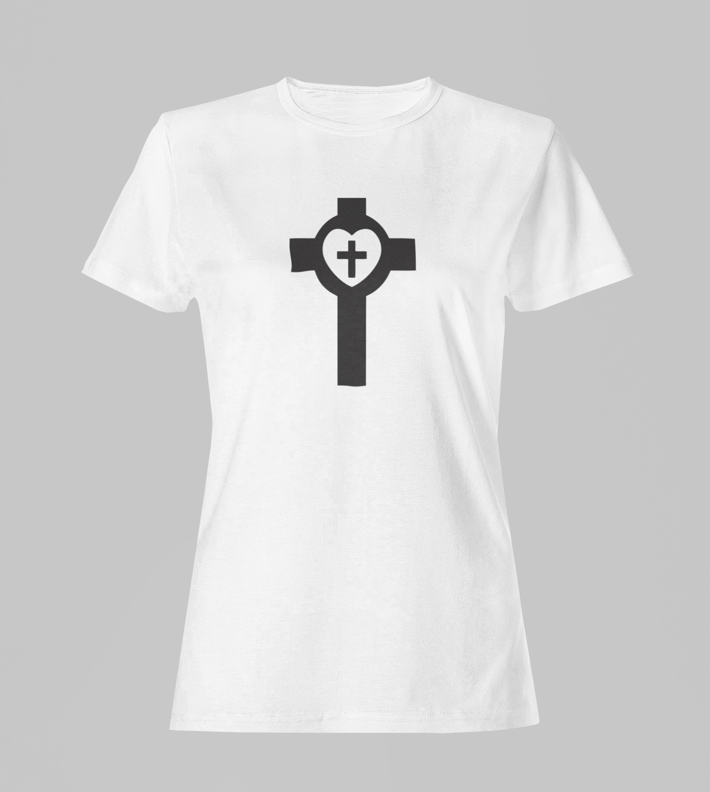 Camiseta Babylook Feminina - Crucifixo e Coração - Branca com detalhes pretos