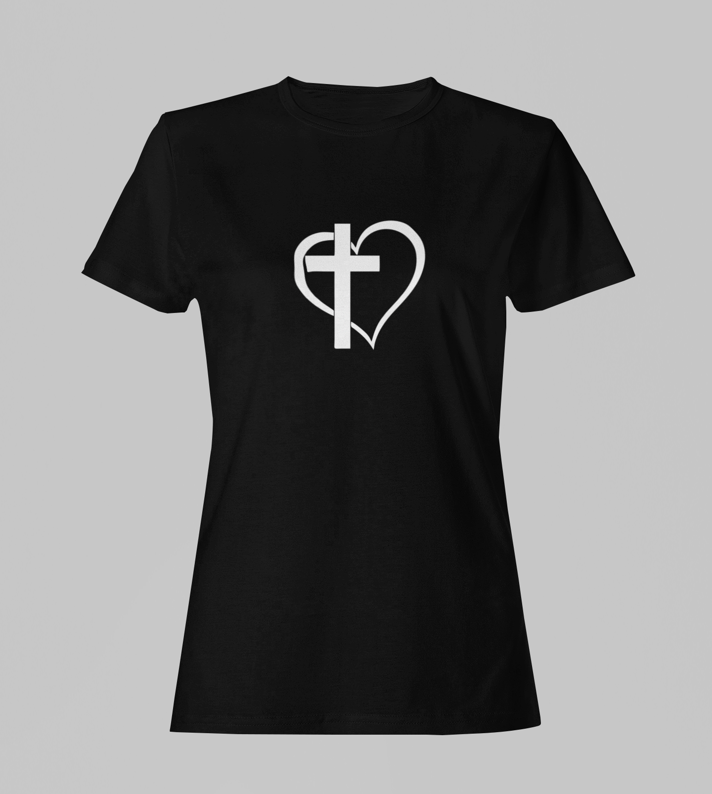 Camiseta Babylook Feminina - Cruz e Coração 2 - Preta com detalhes brancos