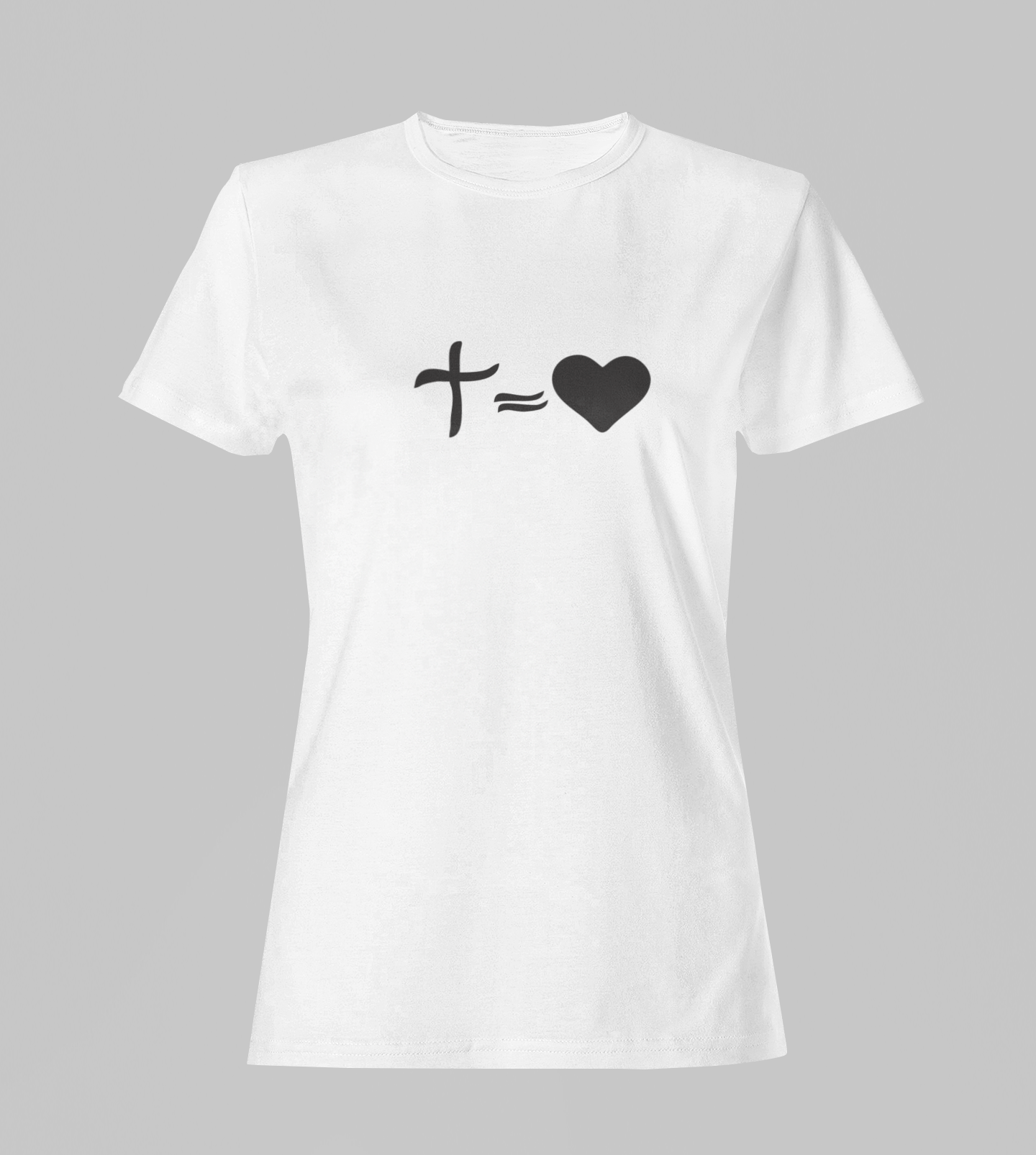 Camiseta Babylook Feminina - Cruz = Coração - Branca com detalhes pretos