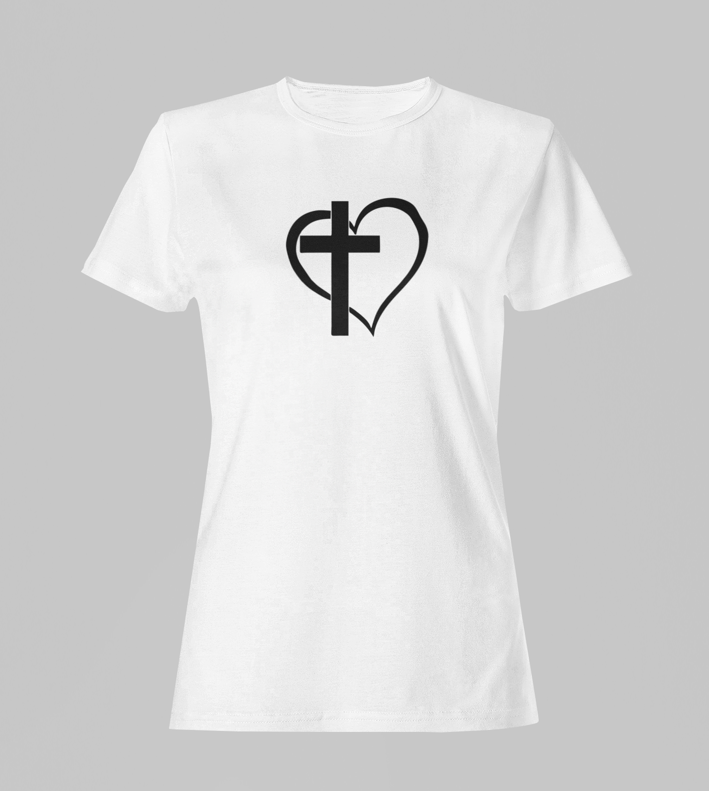 Camiseta Babylook Feminina - Cruz e Coração 2 - Branca com detalhes pretos