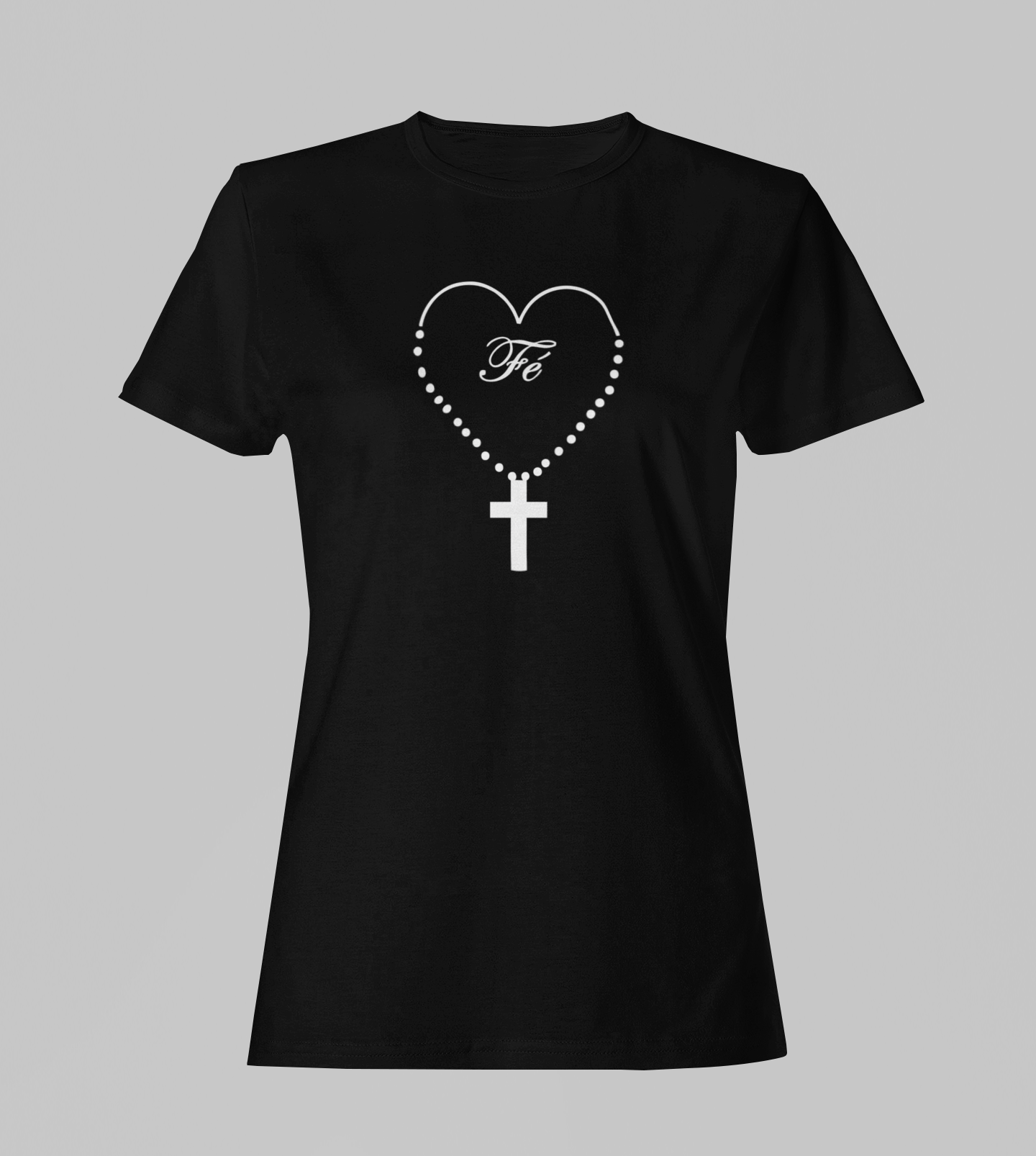 Camiseta Babylook Feminina - Terço Fé - Preta com detalhes brancos