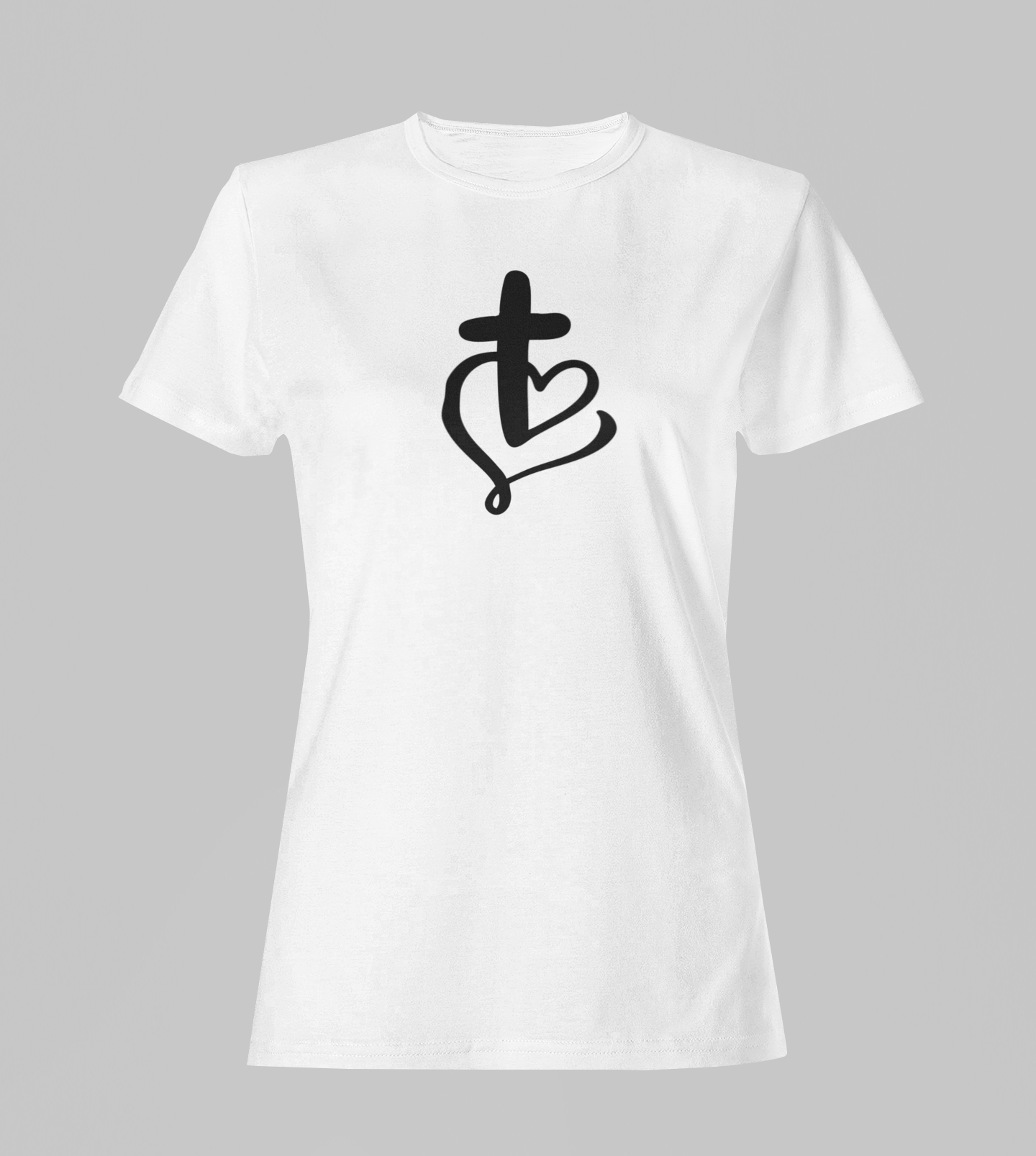 Camiseta Babylook Feminina - Cruz e Coração 3 - Branca com detalhes pretos