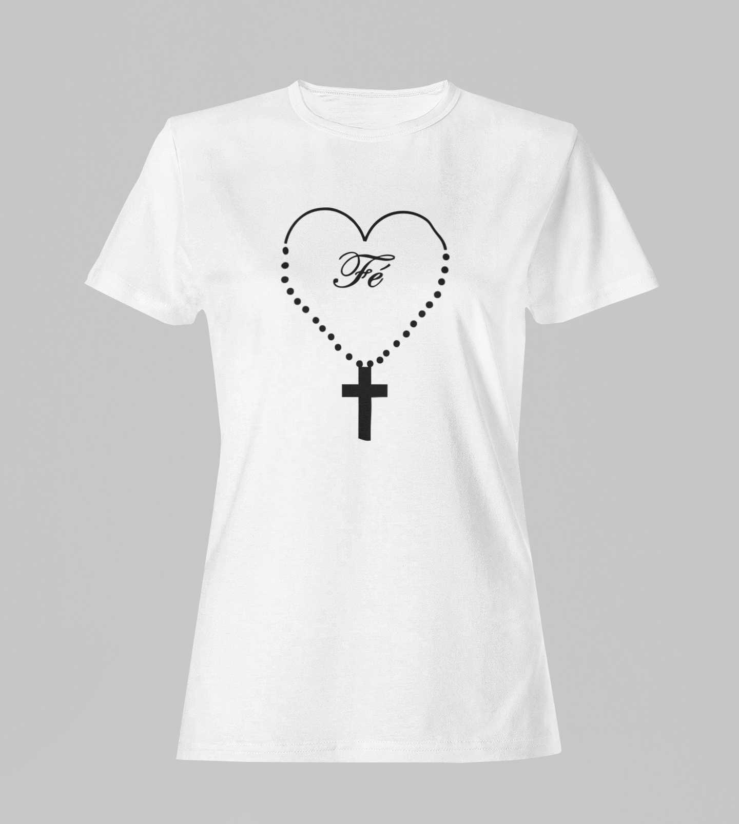 Camiseta Babylook Feminina - Terço Fé - Branca com detalhes pretos