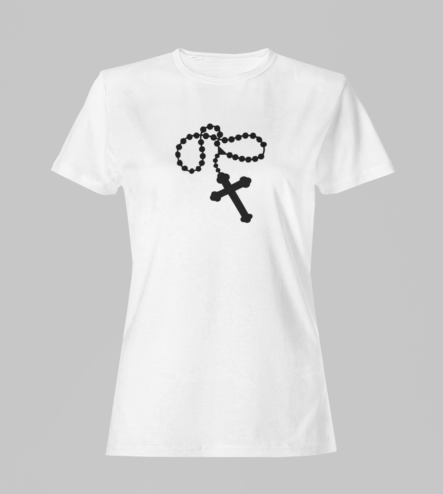 Camiseta Babylook Feminina - Terço - Branca com detalhes pretos