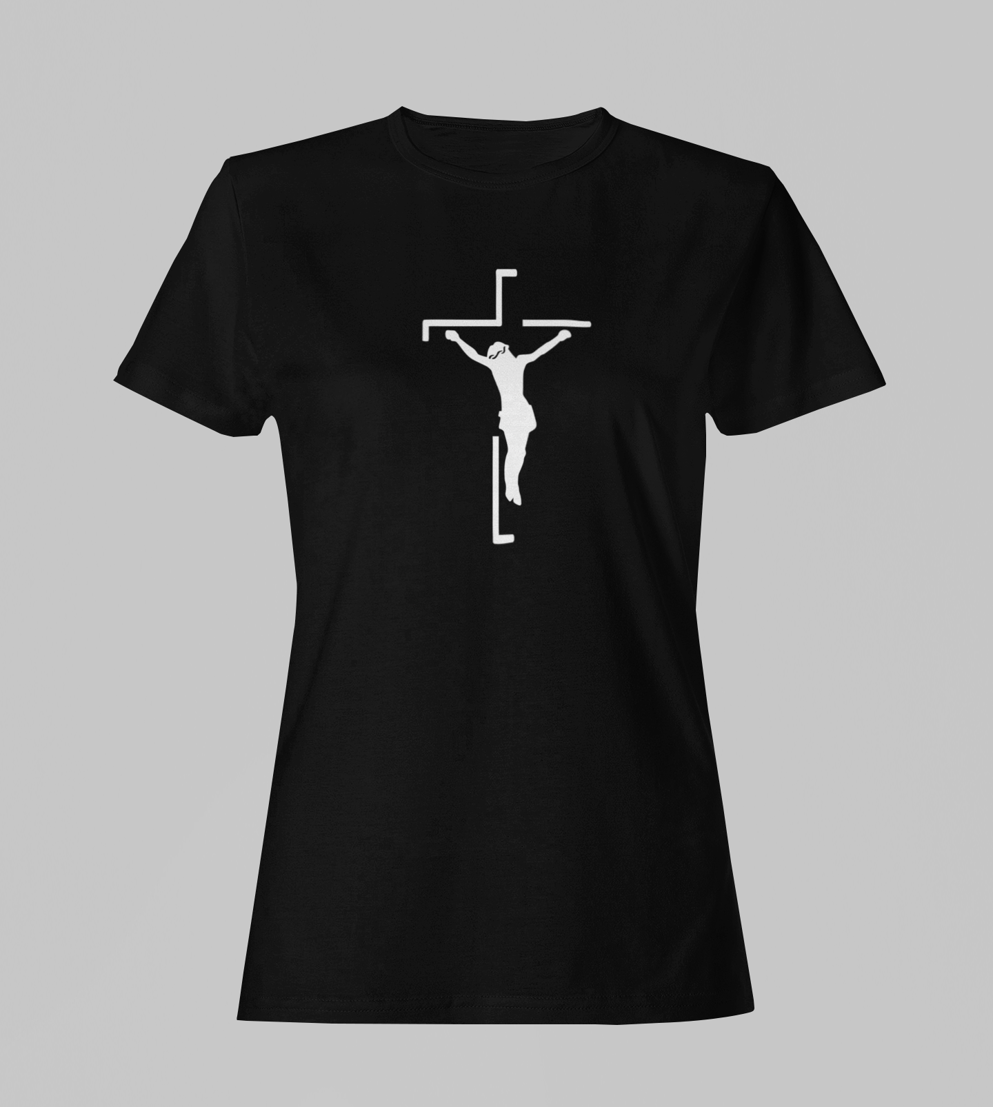 Camiseta Babylook Feminina - Jesus na Cruz - Preta com detalhes brancos