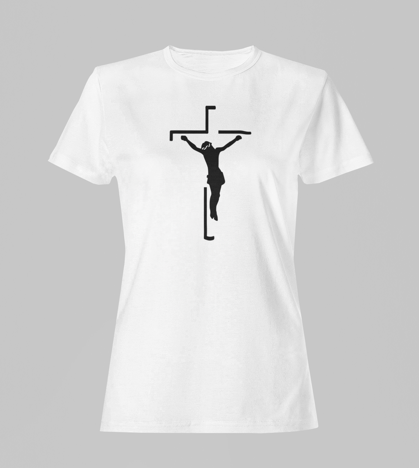 Camiseta Babylook Feminina - Jesus na Cruz - Branca com detalhes pretos