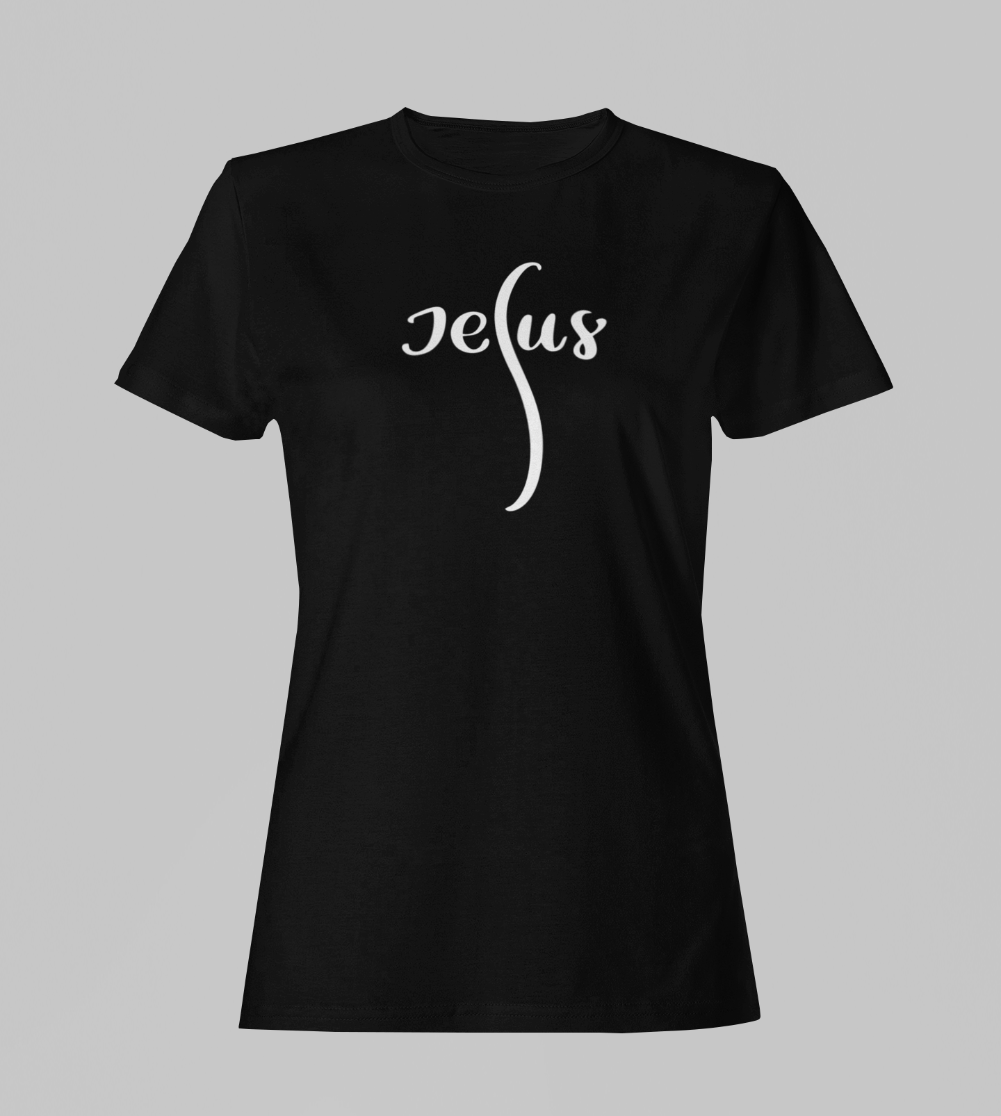 Camiseta Babylook Feminina - Jesus - Preta com detalhes brancos