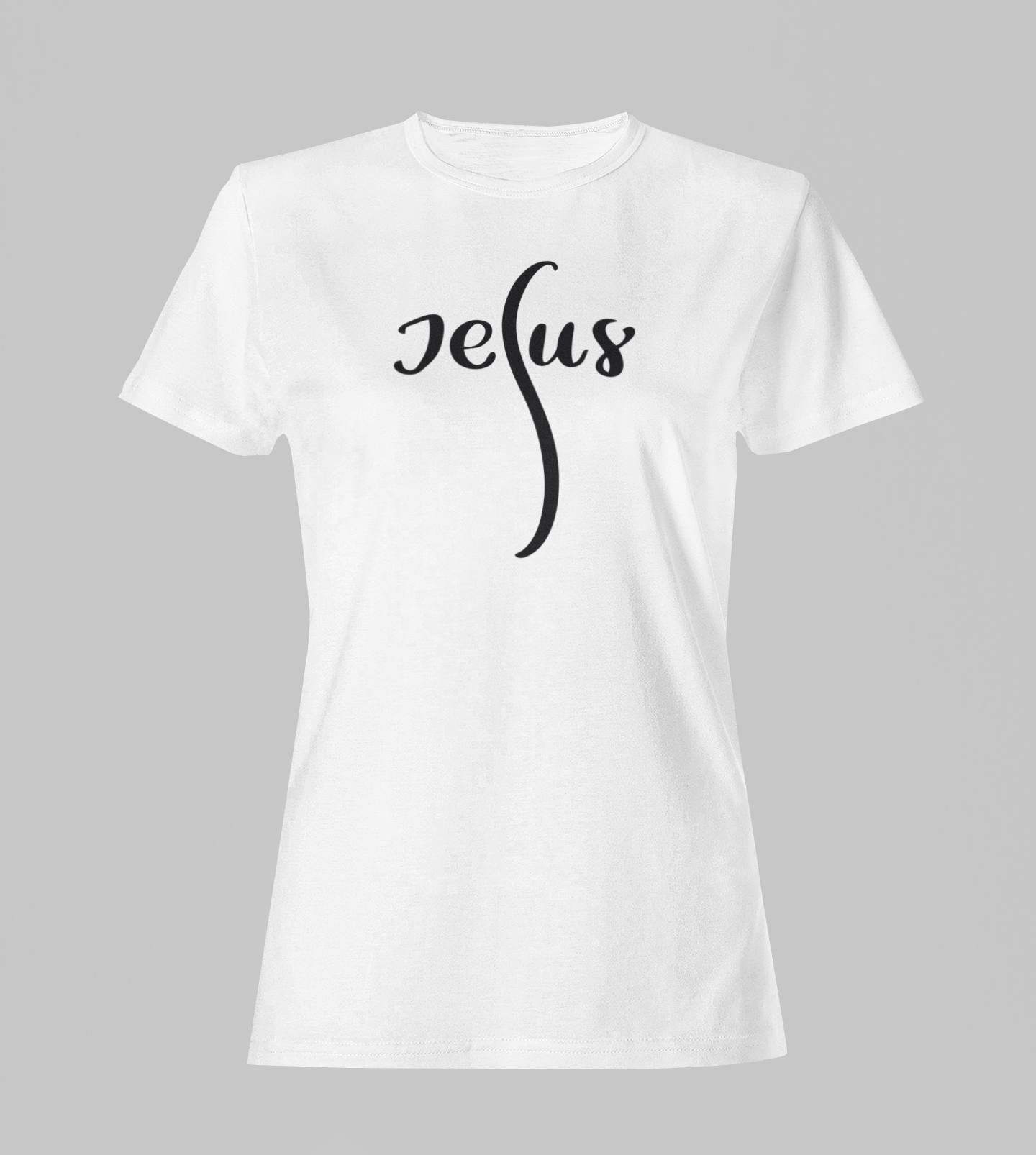 Camiseta Babylook Feminina - Jesus - Branca com detalhes pretos