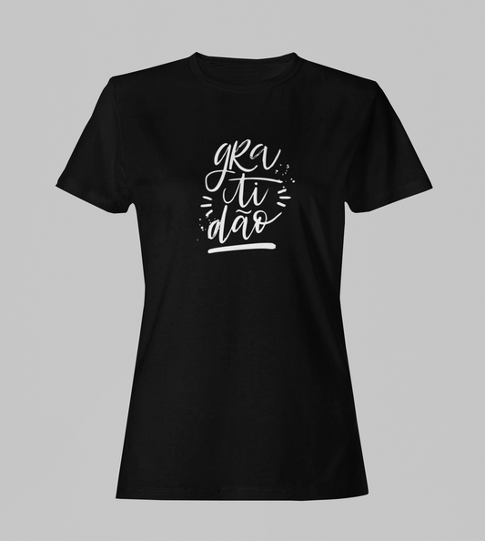 Camiseta Babylook Feminina - Gratidão - Preta com detalhes brancos