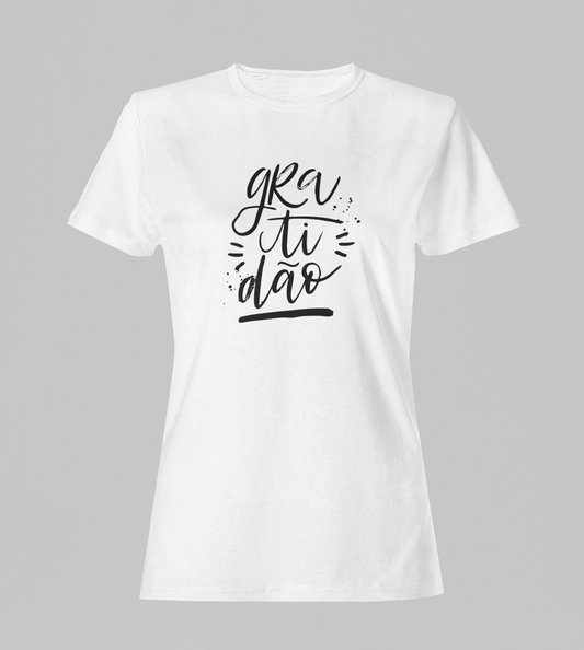 Camiseta Babylook Feminina - Gratidão - Branca com detalhes pretos