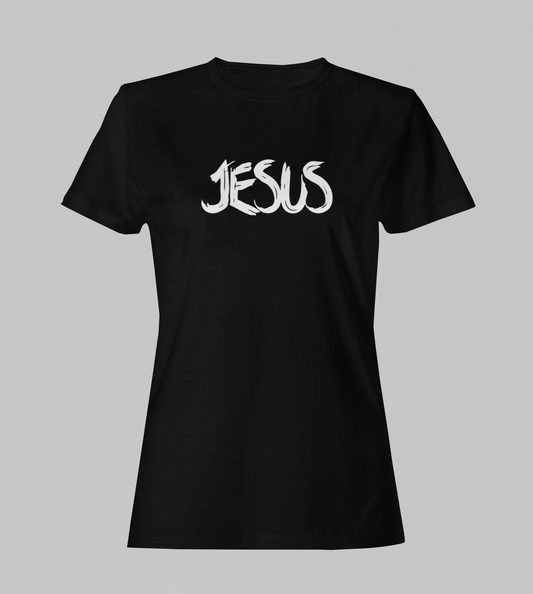 Camiseta Babylook Feminina - Jesus 2 - Preta com detalhes brancos
