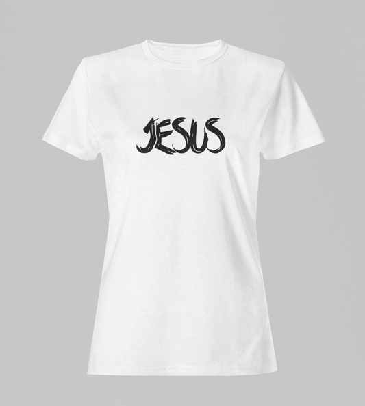 Camiseta Babylook Feminina - Jesus 2 - Branca com detalhes pretos