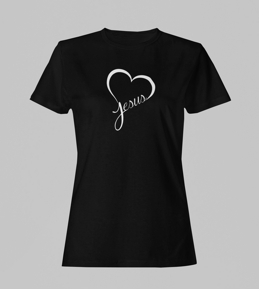 Camiseta Babylook Feminina - Coração Jesus - Preta com detalhes brancos