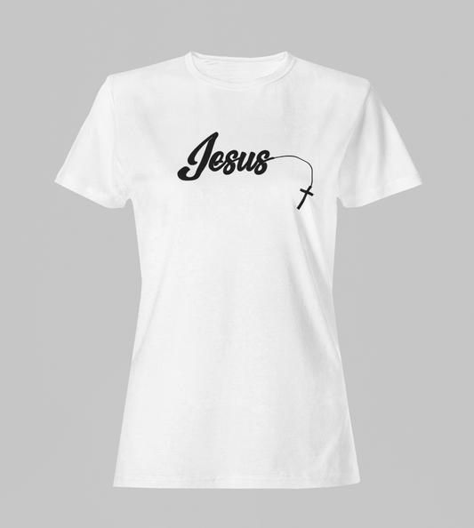 Camiseta Babylook Feminina - Jesus com cruz - Branca com detalhes pretos
