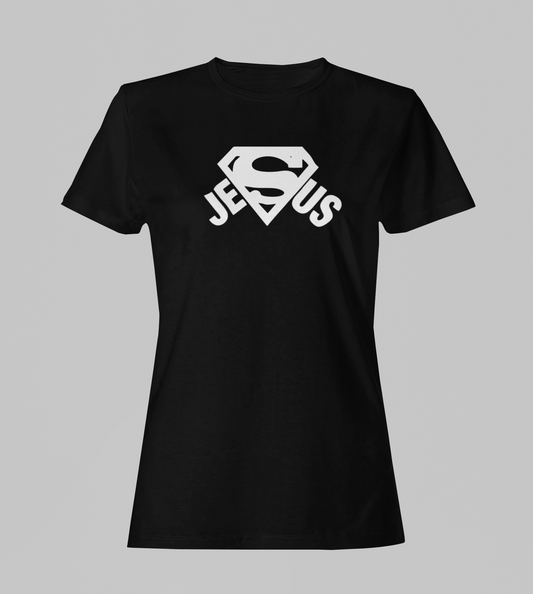 Camiseta Babylook Feminina - Super Jesus - Preta com detalhes brancos
