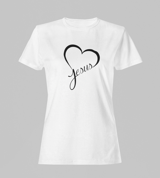 Camiseta Babylook Feminina - Coração Jesus - Branca com detalhes pretos