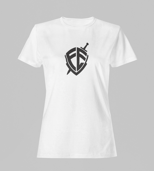 Camiseta Babylook Feminina - Fé Escudo - Branca com detalhes pretos