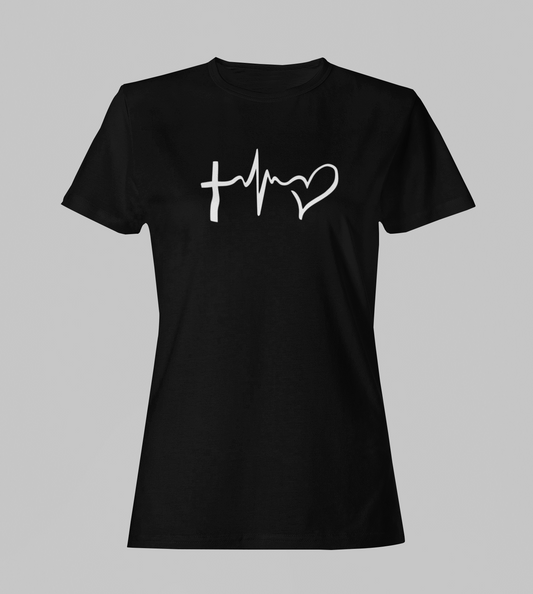 Camiseta Babylook Feminina - Linha Coração - Preta com detalhes brancos