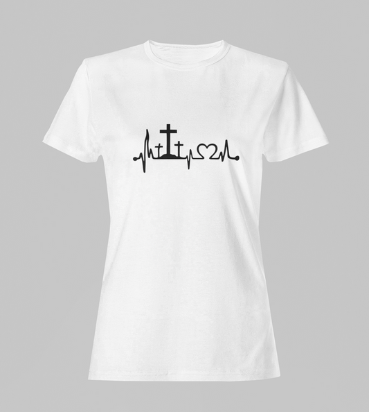 Camiseta Babylook Feminina - Linha Cruz e Coração - Branca com detalhes pretos