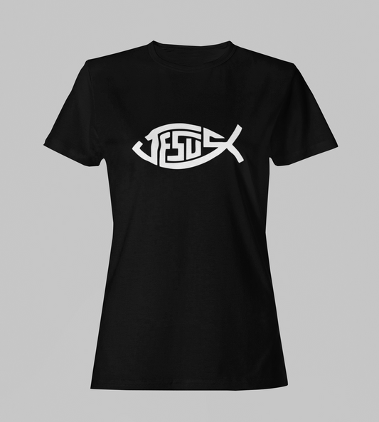 Camiseta Babylook Feminina - Jesus Peixe 1 - Preta com detalhes brancos