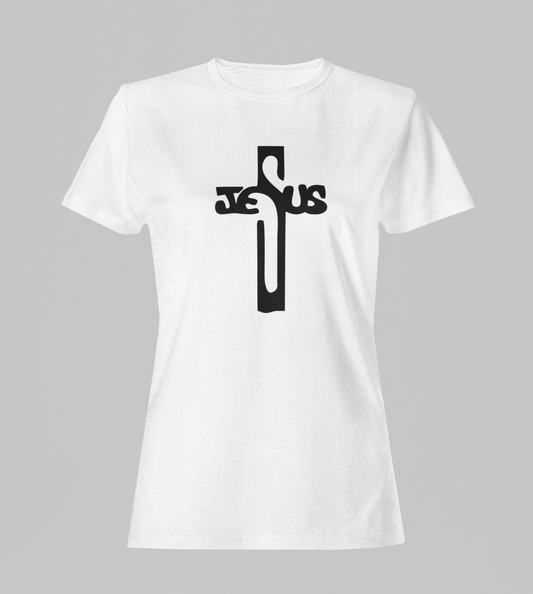 Camiseta Babylook Feminina - Cruz com nome Jesus - Branca com detalhes pretos