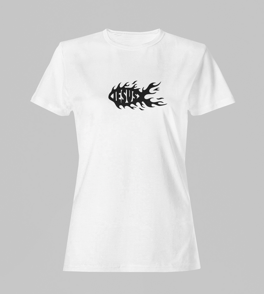 Camiseta Babylook Feminina - Jesus Peixe 2 - Branca com detalhes pretos