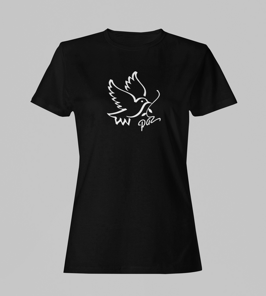 Camiseta Babylook Feminina - Paz - Preta com detalhes brancos