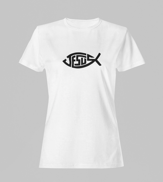 Camiseta Babylook Feminina - Jesus Peixe 1 - Branca com detalhes pretos