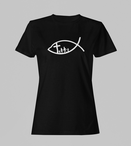 Camiseta Babylook Feminina - Cruz Família - Preta com detalhes brancos