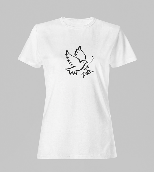 Camiseta Babylook Feminina - Paz - Branca com detalhes pretos