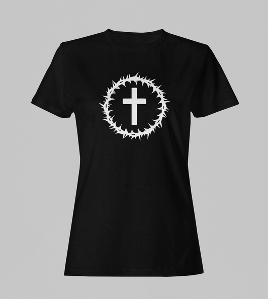 Camiseta Babylook Feminina - Coroa e Cruz - Preta com detalhes brancos